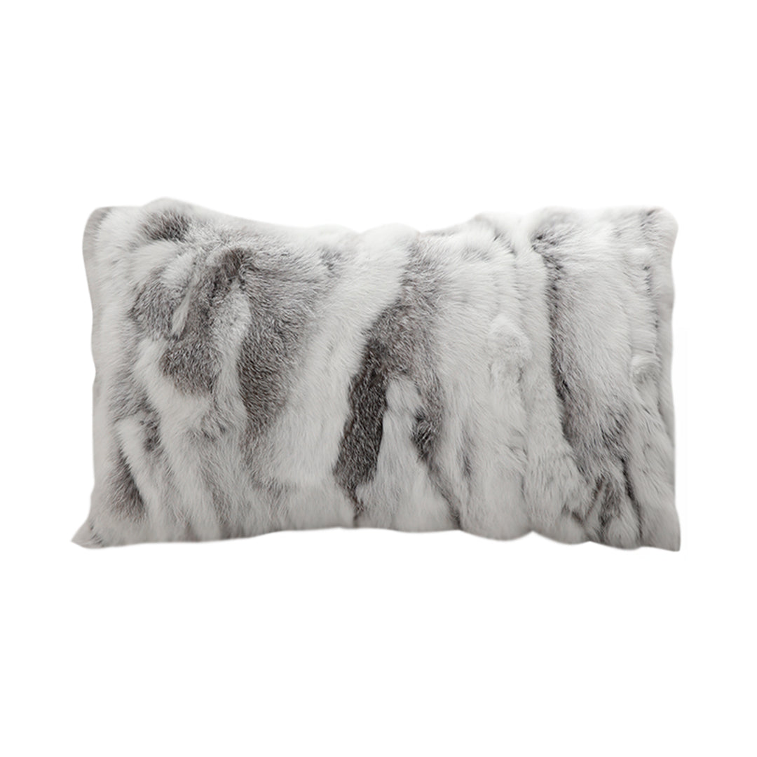 Rabbit Fur Lumbar Cushion | Floral Grey Luxury Throw Pillow
