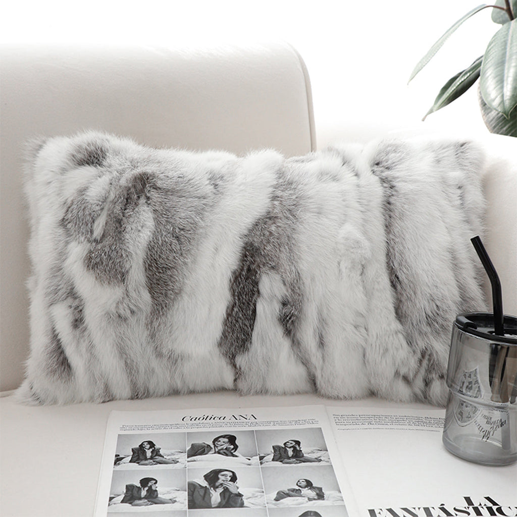 Rabbit Fur Lumbar Cushion | Floral Grey Luxury Throw Pillow