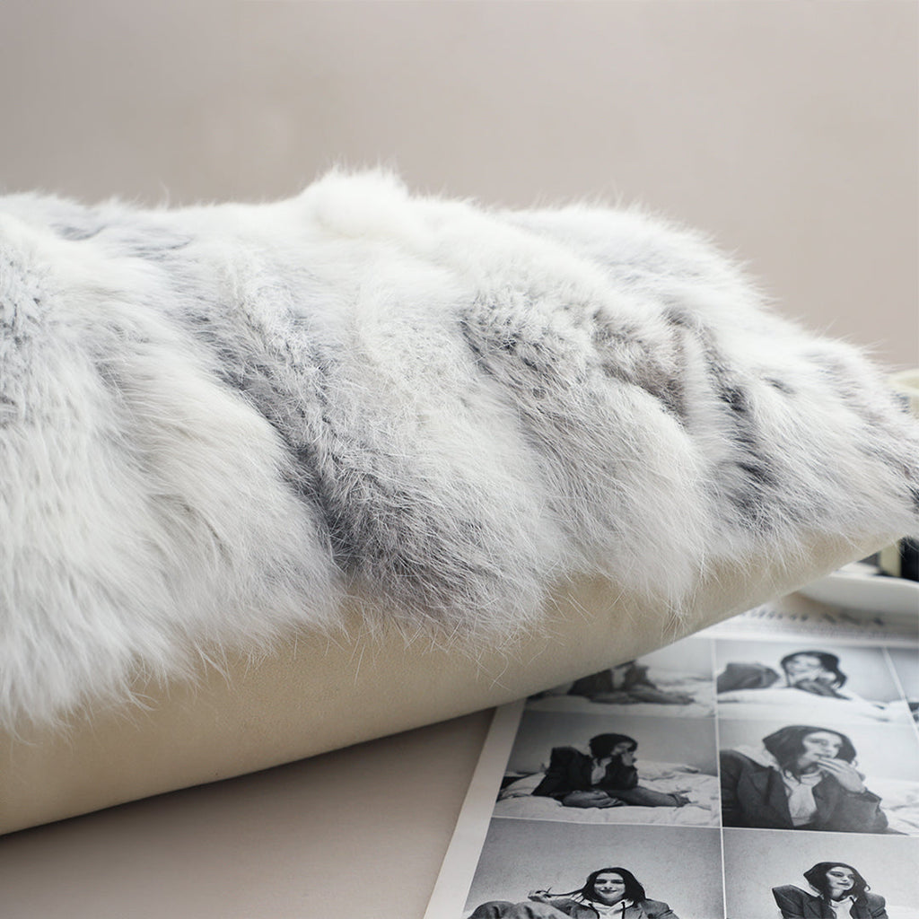 Rabbit Fur Lumbar Cushion | Floral Grey Luxury Throw Pillow