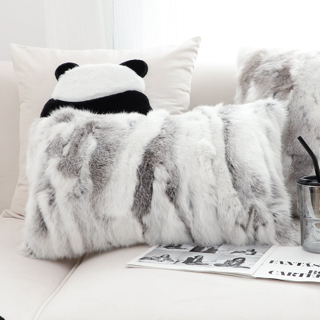 Rabbit Fur Lumbar Cushion | Floral Grey Luxury Throw Pillow